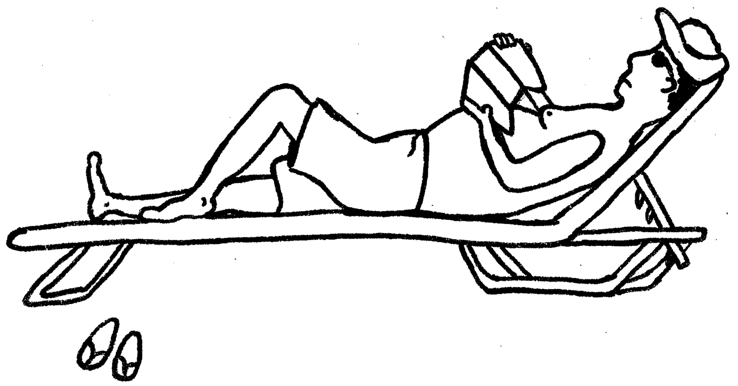 cartoon drawing man in a recliner at the beach