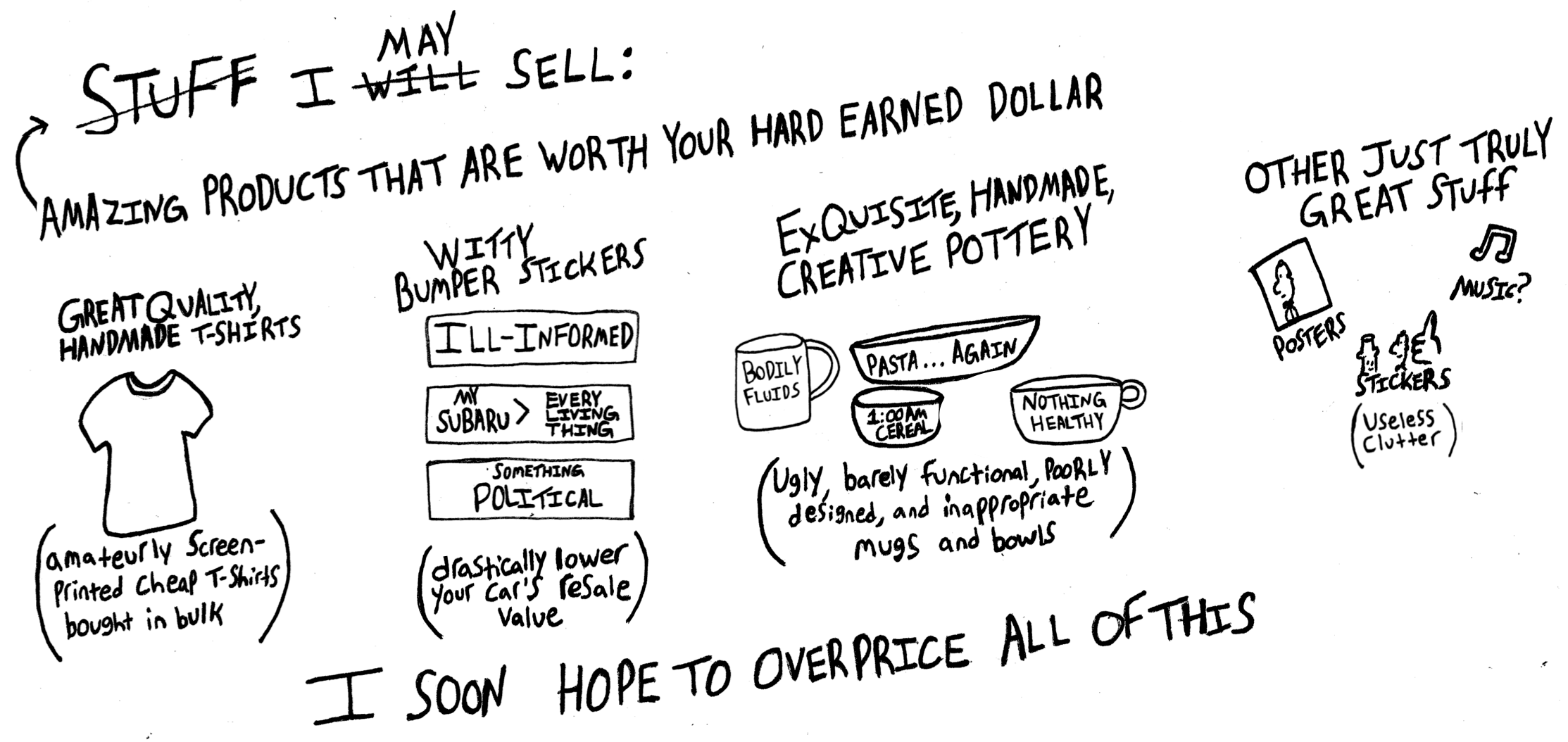 Things Charlie will sell: shirts, bumper stickers, pottery, posters, etc